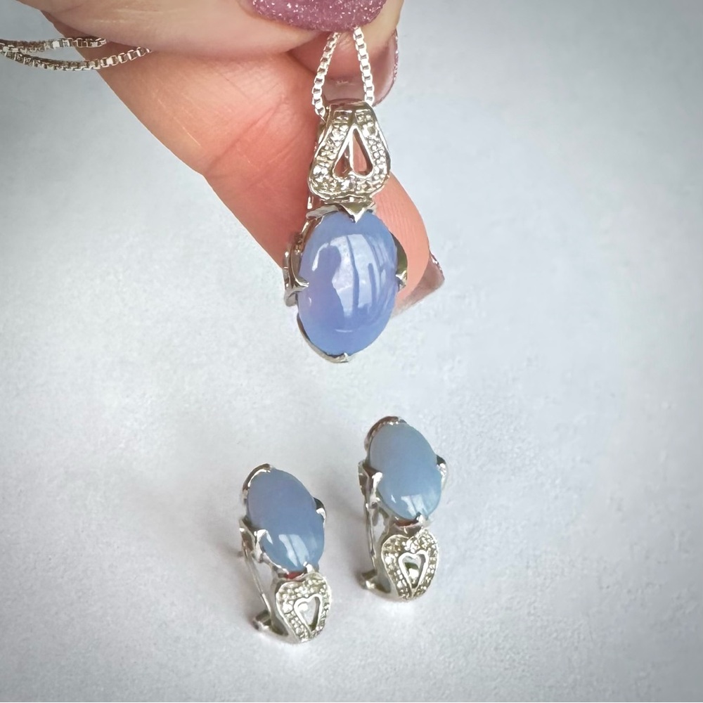 Natural Blue Grey CHALCEDONY Sterling Silver 925 HEART Earrings Necklace Pendant